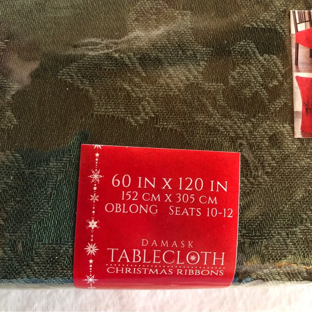 NWT Damask Tablecloth “Christmas Ribbons” Deep Olive Green 60”x120” Oblong New